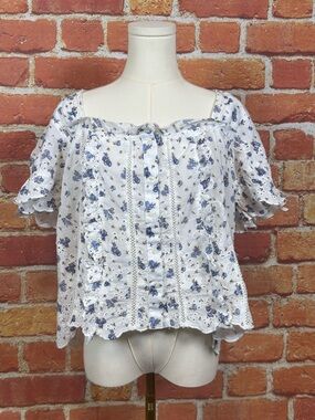 Anthropologie White & Blue Floral Off-Shoulder Puffer Sleeve Blouse Size LP